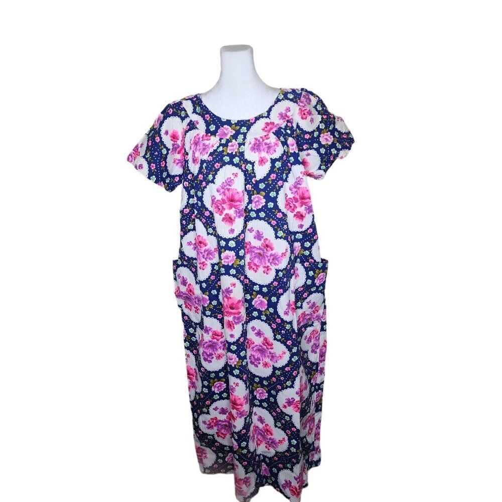 Vintage 70s Long House Dress Womens Size 2XL Blue Pink Scoop Neck Feminine Flora